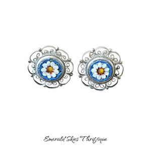 Vintage  Micro Mosaic Blue Floral Clip-On Earrings silver Filigree free ship
